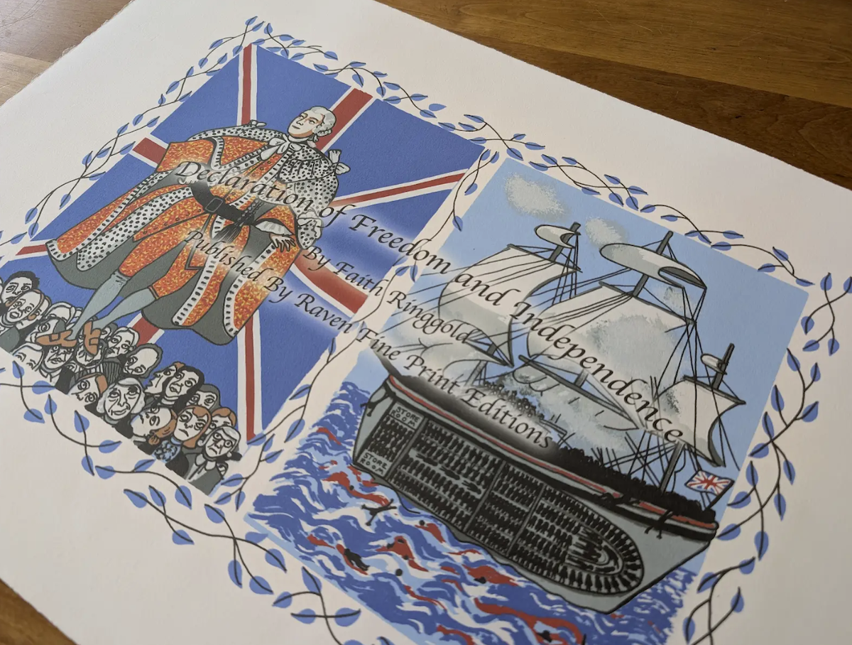 Title page of Faith Ringgold's artist book. Left panel: King George III in front of a British flag. Right panel: A ship with a cutaway view showing a crowded deck of enslaved people.